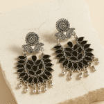 Black Leaf Design Oxidized Silver Drop Earrings